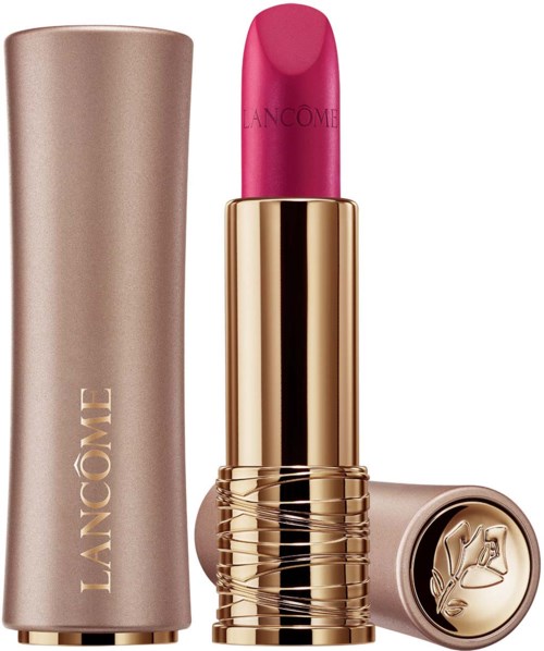Ein goldener und rosa Lippenstift mit Deckel daneben, Markenname 'Lancôme'.
