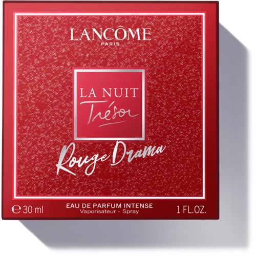 Rood verpakking voor Lancôme La Nuit Trésor Rouge Drama parfum, 30 ml, elegant ontwerp met witte en zilveren tekst.