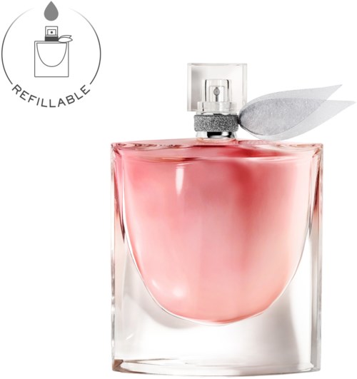 A pink perfume bottle with a clear square shape and a gray cap, indicating it's refillable.