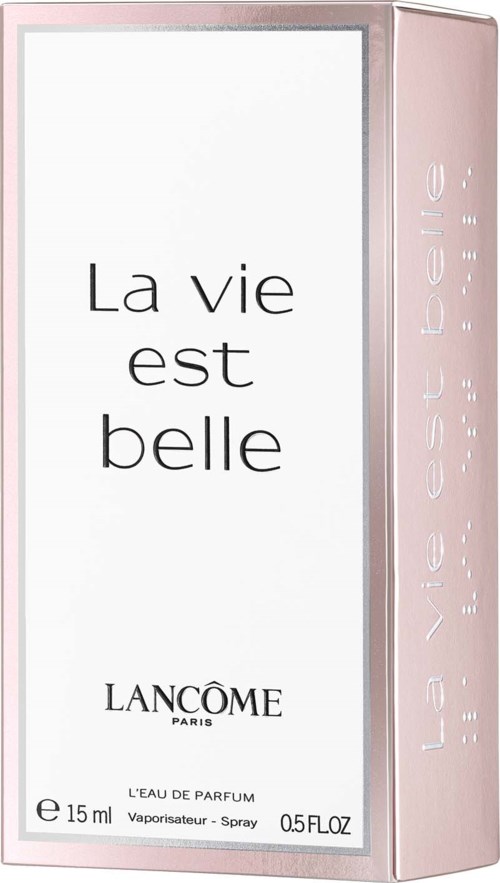 En parfymförpackning med orden "La vie est belle" och varumärket Lancôme, personlig vårdprodukt, rosa och vita färger.