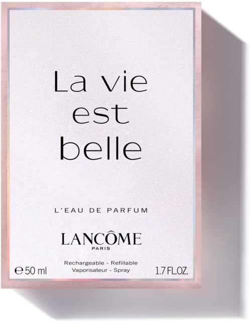 Een roze en witte parfumendoos met de woorden "La vie est belle" en productinformatie.