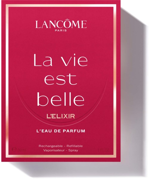 Lancôme Paris parfymeeske med mørkerosa bakgrunn og hvit tekst som sier La vie est belle L'ELIXIR.