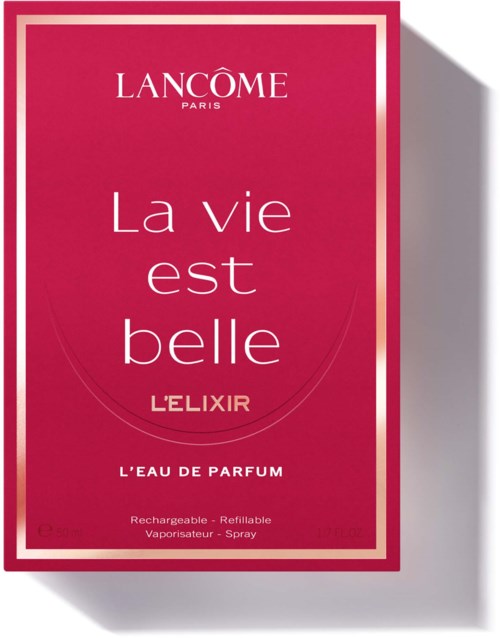 Rødt parfymeeske med hvit og gull tekst og ramme, promoterer Lancôme La vie est belle L'Elixir duft.