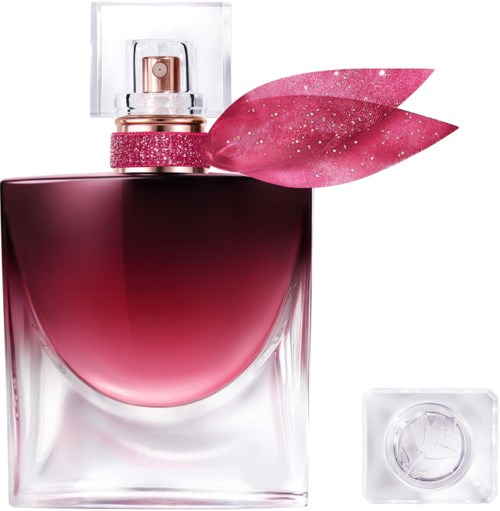 En rosa parfyllare med ett glitterglittrande rosa blad på toppen och ett tydligt lock.
