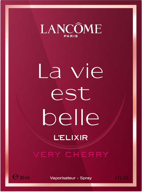 Lancôme La vie est belle L'Elixir Very Cherry parfymförpackning med rosa och röd design och vitt text.