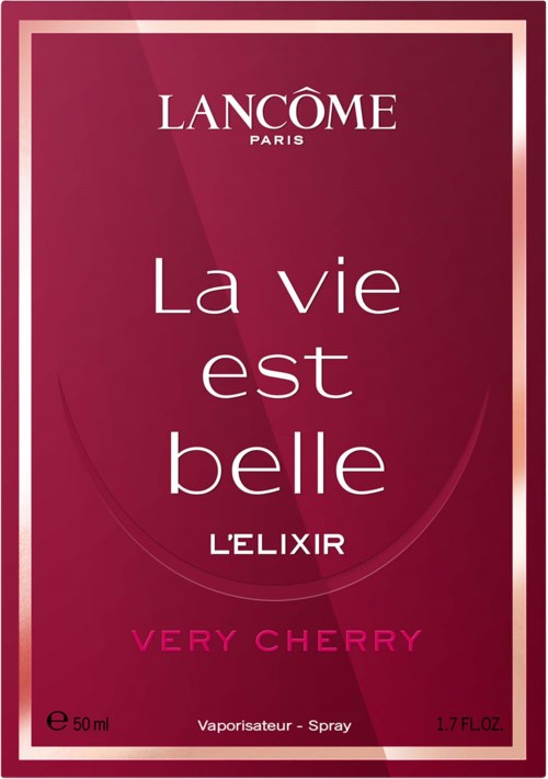 Lancome parfymbox med mörk rosa bakgrund och vit text, med doftnamnet Very Cherry.