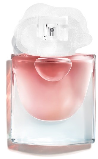 En parfyllflaska med ljus rosa vätska och ett stort vitt spraylock.
