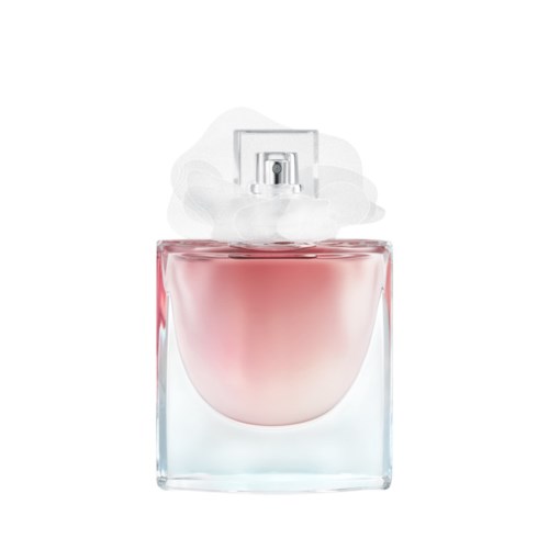 En tydlig glasflaska med rosa parfym inuti, täckt med en vit fluffy kork.
