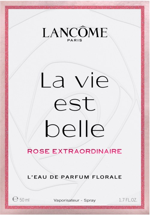 Lancome parfumpakket met roze rand, met de woorden 'La vie est belle', 'Rose Extraordinaire' en productinformatie.