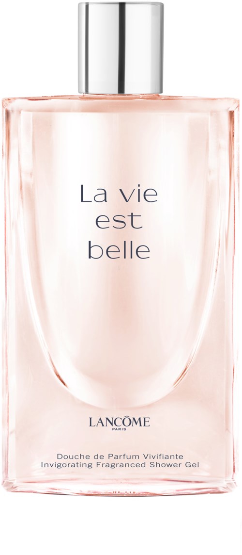 En klar rosa parfymeflaske med sølvkapsel, merket "La vie est belle" av Lanc0me.