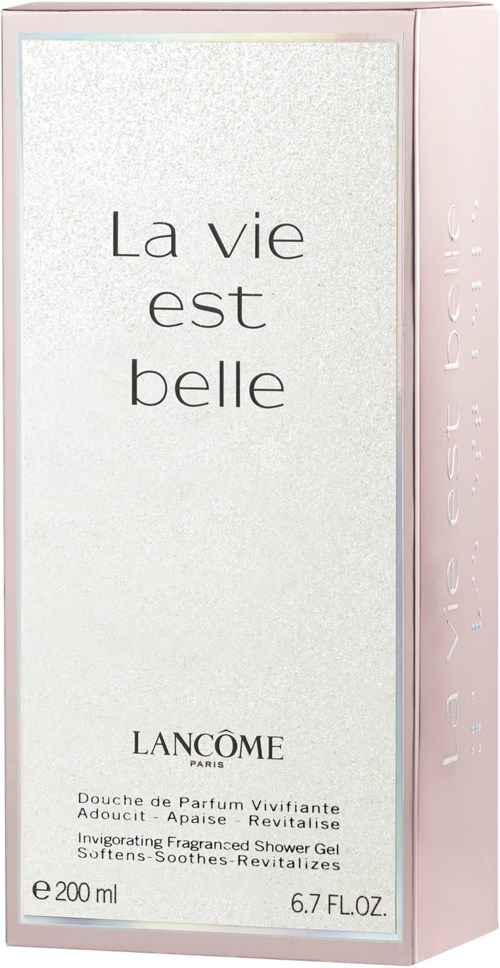 En rosa og hvit flaske med teksten "La vie est belle" og detaljer om Lancome dusjsåpe.