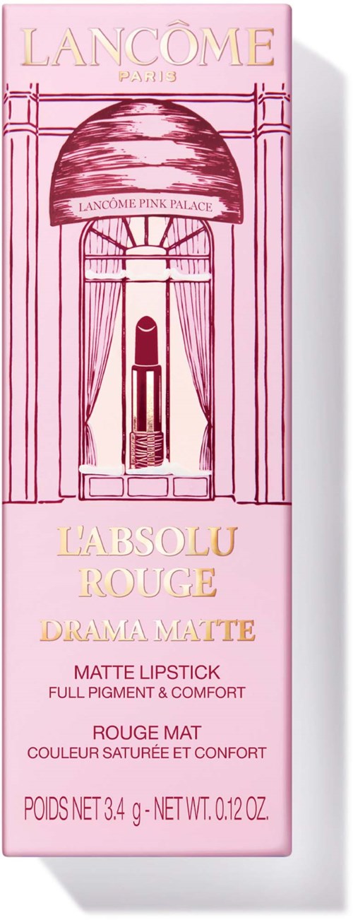 Pink eske med gulltekst, viser merket Lancôme Paris og produktdetaljer.