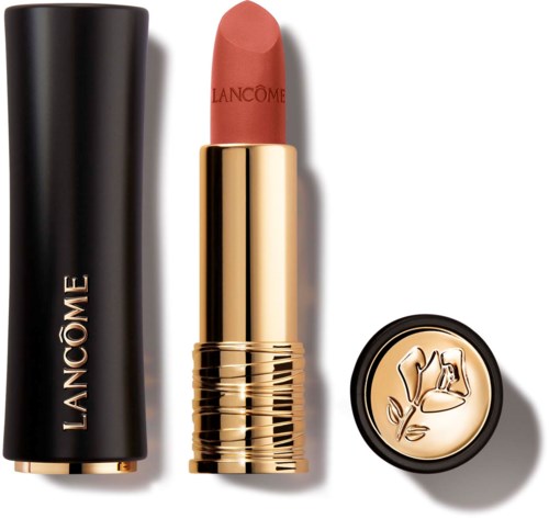 Lancôme lipstick with a black cap and a gold base. The lipstick is a soft pink color.