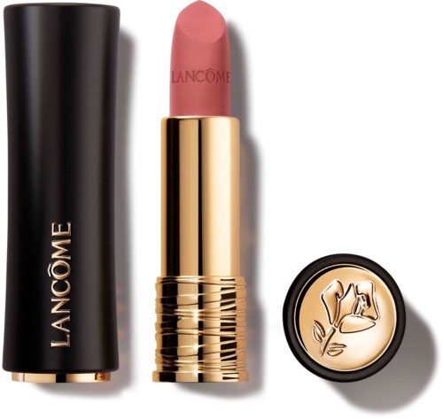 Lancôme lipstick with black cap, gold base, and a flower design on the lid.