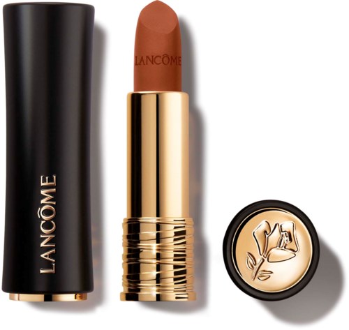 A lipstick with a brown shade, gold tube, and a black cap with the Lancôme logo, and an open lid showing the lipstick.