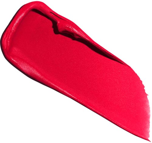 A bright red lipstick smear with a smooth, shiny texture and a slight curve.