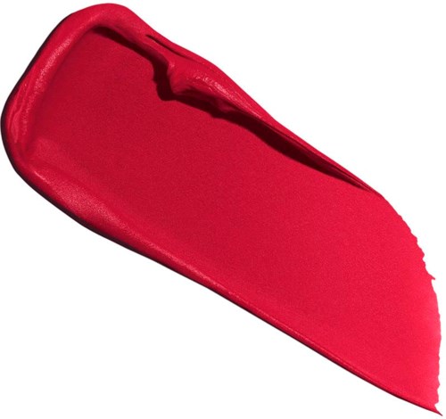 A red lipstick smudge or stroke with a slight curve on a white background.