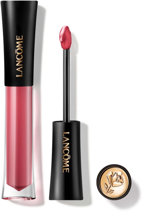 A pink lip gloss tube, a wand with pink gloss, and a gold and black lipstick logo.