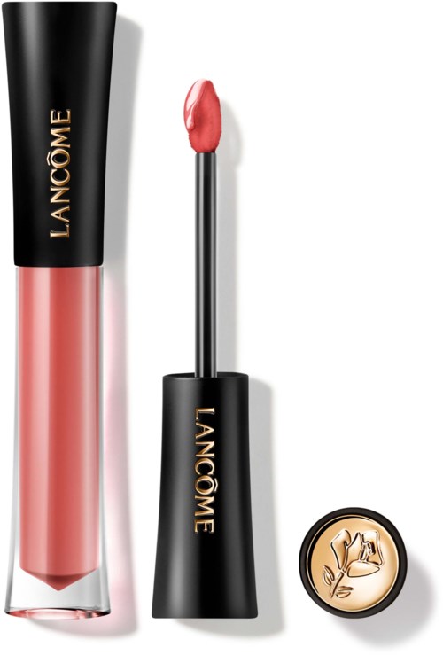 Lancôme lip gloss in a clear tube with black cap, and a matching applicator on a white background.