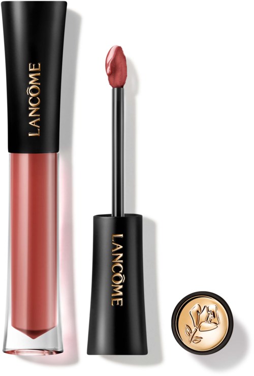 Lip gloss tube with black cap, applicator wand with pink gloss, and a small round gold compact.