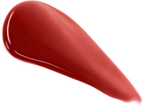 A red lipstick swatch on a white background showing a smooth, curved shape and creamy texture.