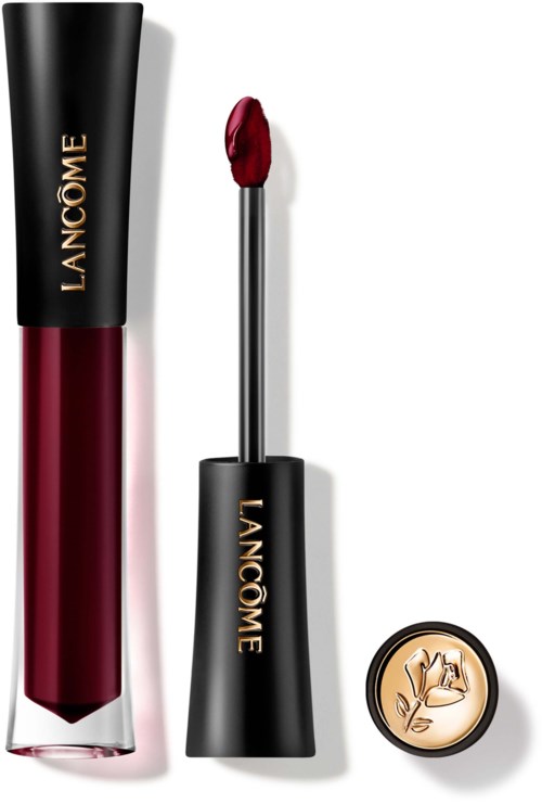 Lip gloss tube, open applicator showing red gloss, with a matching LANCÔME logo coin.