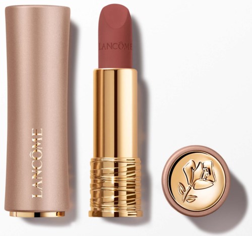 A lipstick in a gold tube, with matching cap and beige packaging, displaying the brand name Lancôme.
