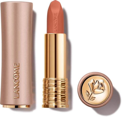 Lancôme huulipuna kultaisessa kotelossa, avattu paljastamaan nudunsävyinen huulipuna, ja vastaava pyöreä kansi jossa ruusun kuva.
