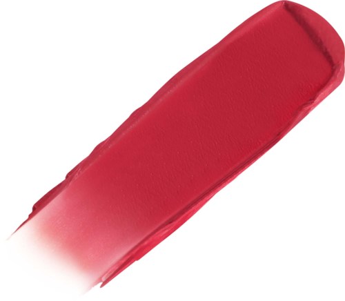 Ein roter Lippenstiftstrich auf weißem Hintergrund. Der Lippenstift ist größtenteils aufgebraucht, mit einer leichten Kurve an der Kante.