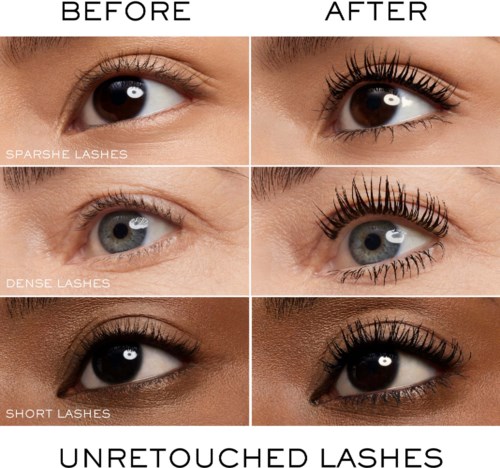 Comparison of eyelashes before and after applying different styles: sparse, dense, and short, all looking more defined and longer.