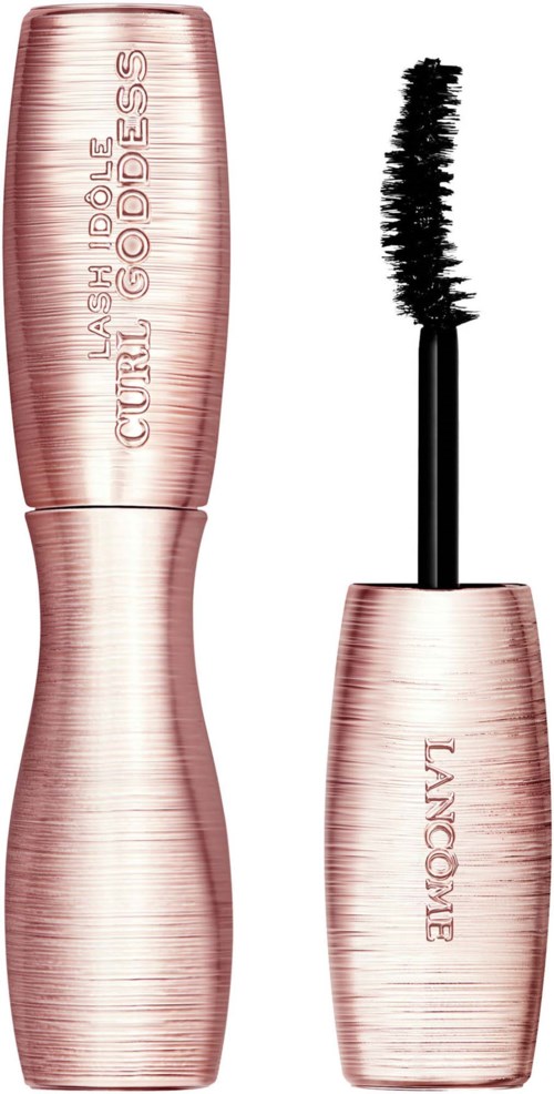 A mascara bottle with a curved shape, pinkish color, the brand LASH IDOLS, and a black mascara wand.
