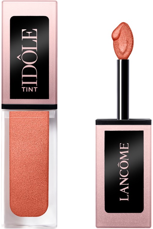 Ein Lippenstift mit einem peachfarbenen Rouge im Inneren und einem geschminkten Lippenstift auf dem Deckel.