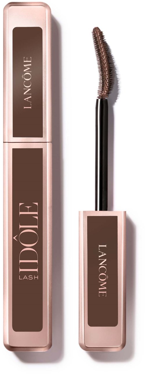 Een mascara kwast en de roze en bruine buis, beide gelabeld Lancôme Lash Idole.