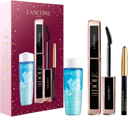 Lancôme Lash Idôle mascara set with blue Bi-Face remover, gold and black mascara, and gold Eyéprimer.