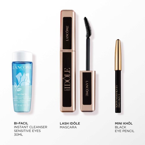 Bi-Facial instant cleanser for sensitive eyes in blue bottle, Lash Idole mascara with black brush, Mini Khol black eye pencil.