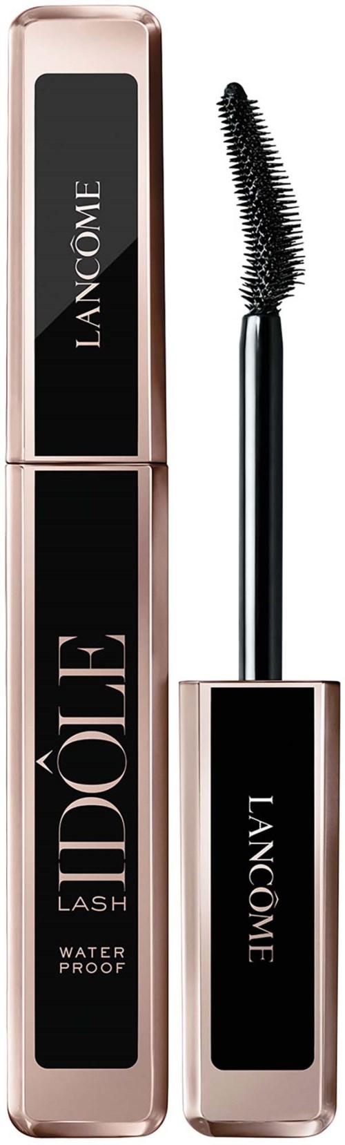 A black mascara wand and a pink case with 'DÉFENSE' and 'LANCÔME' written on them.