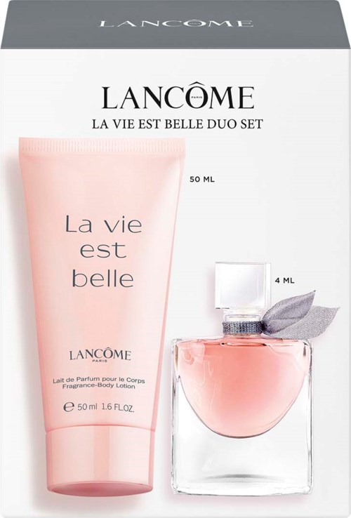 Ett Lancôme hudvårdsset med en rosa kroppslotion och en parfymflaska med en grå rosett.