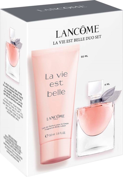 Rosa lotionrör och en parfymflaska visas på en produktförpackning med varumärke och text.