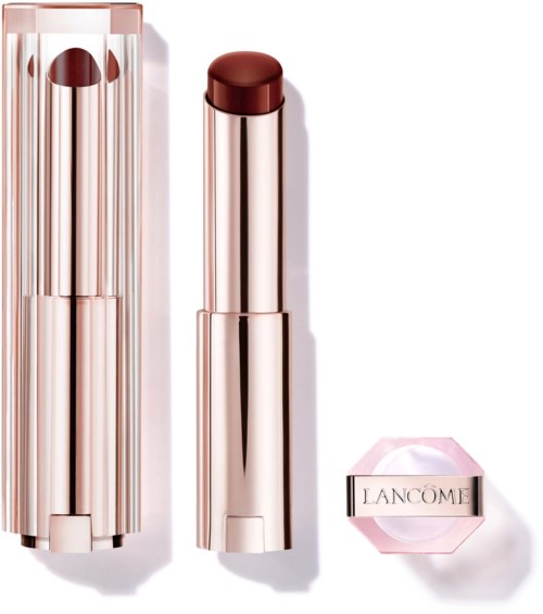 En leppestift og etuiet med Lancôme-logo, begge i skinnende, metallisk rosa og rosegullfarger.