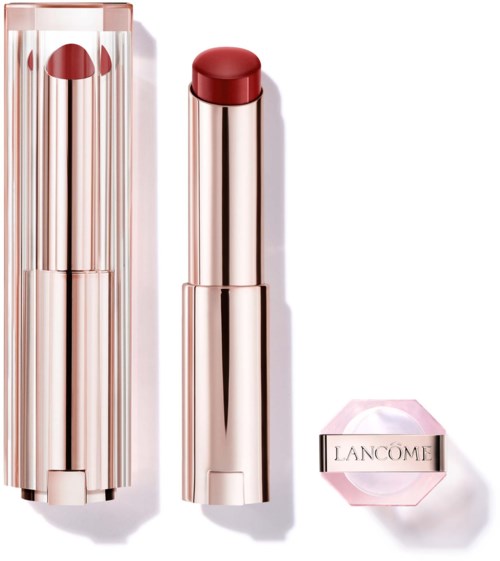 Et rosa leppestift med skinnende etui, plassert ved siden av esken med merke Lancome.