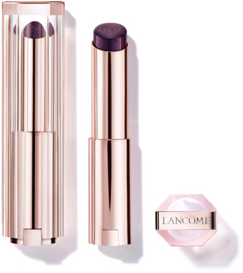 Et roségullfarget leppestiftomslag og et lilla leppestift med Lancôme-merke. Coveret er blankt og reflekterende.