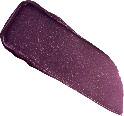 En lilla sminkprøve med glitrer, formet som et buet rektangel med avrundet ende.