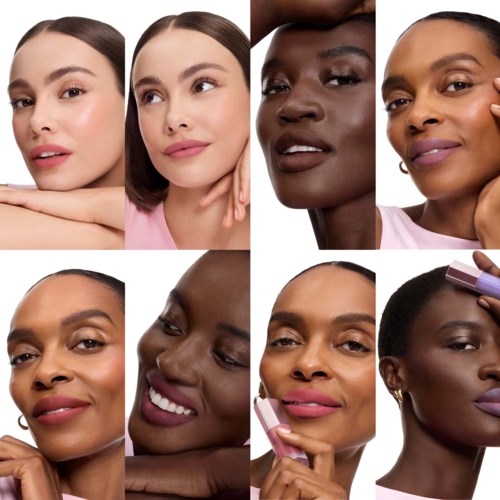 Collage of diverse women with different skin tones, showing beauty and confidence. Some hold makeup brushes.