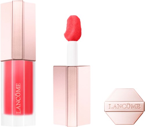 A Lancôme lip gloss set with a pink and red lip gloss, a matching lipstick with sponge tip, and a pink compact.