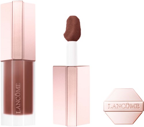 Pink lip gloss tube, applicator with brown product, and a hexagonal container with Lancôme logo.