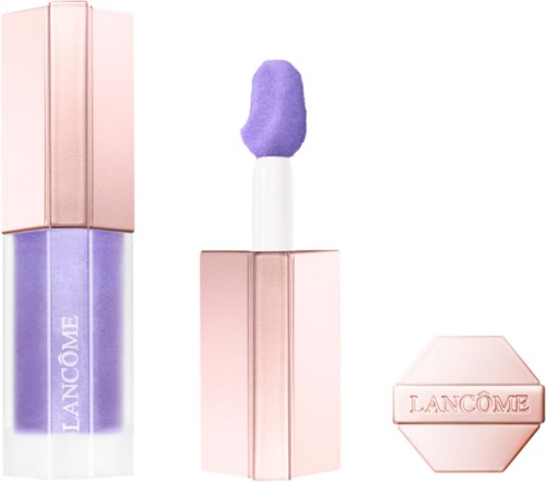Lip gloss with a purple shade and lipstick with a purple sponge applicator and pink packaging.