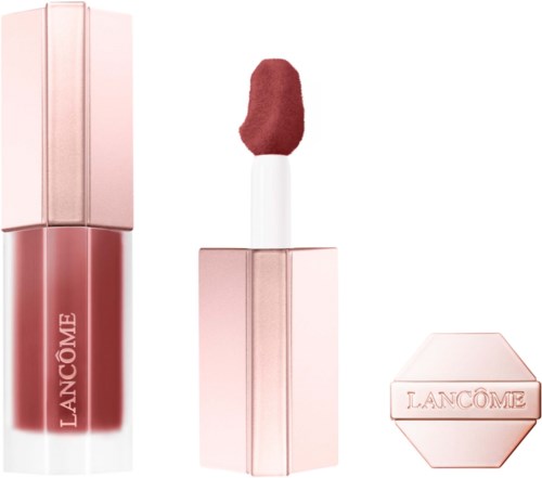 Lip gloss tube with a pink cap, lip gloss applicator, and a hexagonal box with brand name.