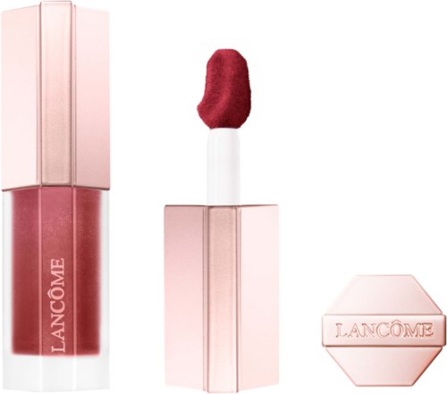 Lip gloss with lipstick and a small hexagon container showing Lancôme branding.