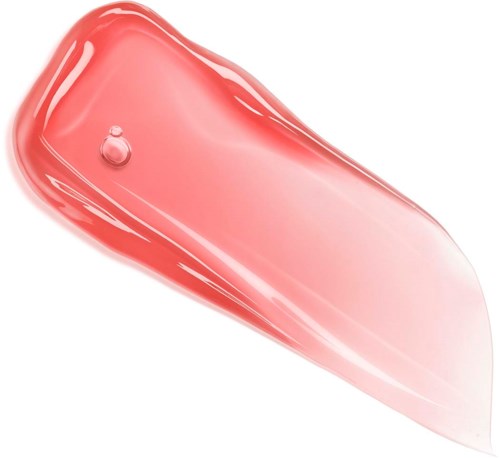 Ein Tropfen rosa Flüssigkeit mit glänzender, glatter Oberfläche und gebogener Form.
