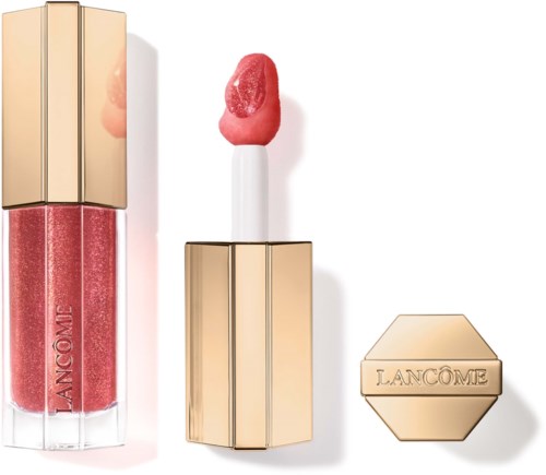 A Lancôme lip gloss with its cap removed showing the applicator and the logo, next to a closed cap.